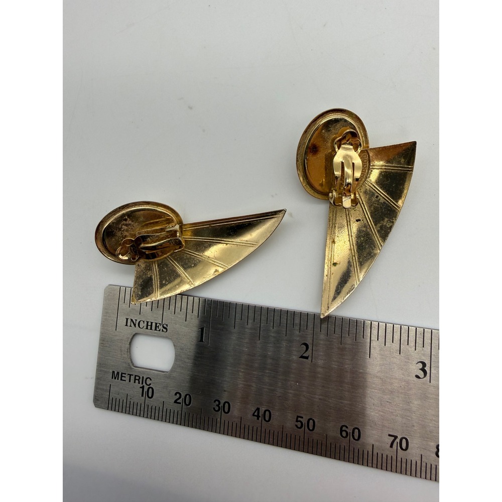 Vintage Gold Tone Faux Pearl Wing Clip On Earrings Statement Geometric Retro - Picture 4 of 5